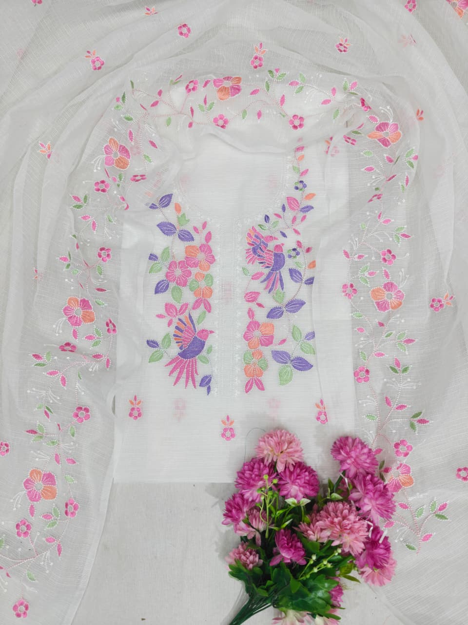 Angel White Kota Doria 3 Piece Suit Set with Bird Motif and Kota Doria Dupatta