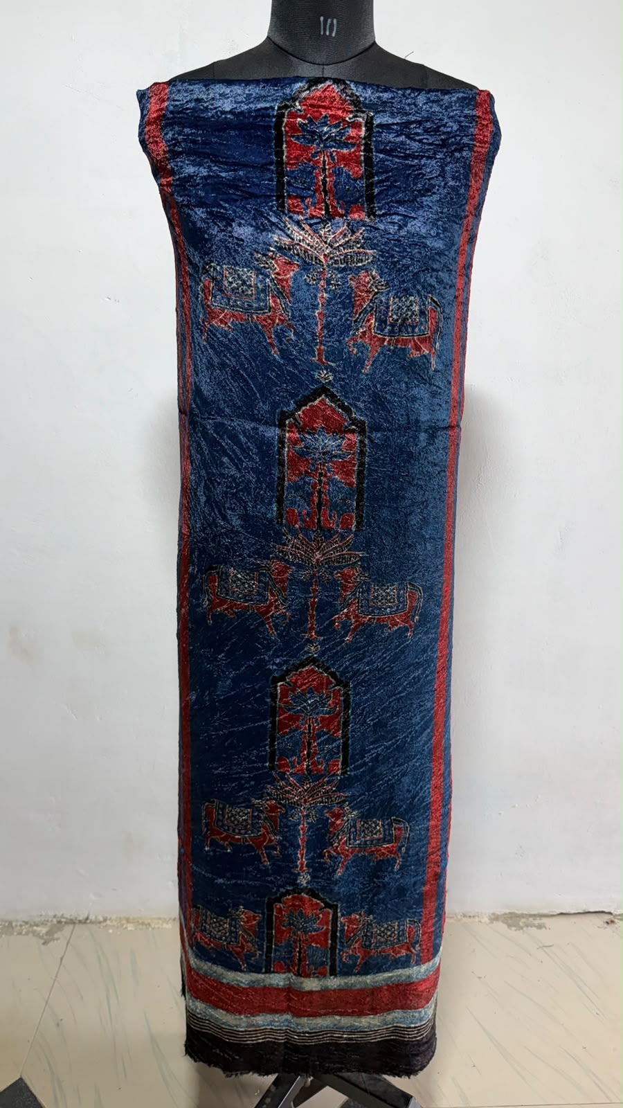 Blue Red Kamdhenu Ajrakh Hand Block Velvet Unstitched Fabric (Kurta Only)