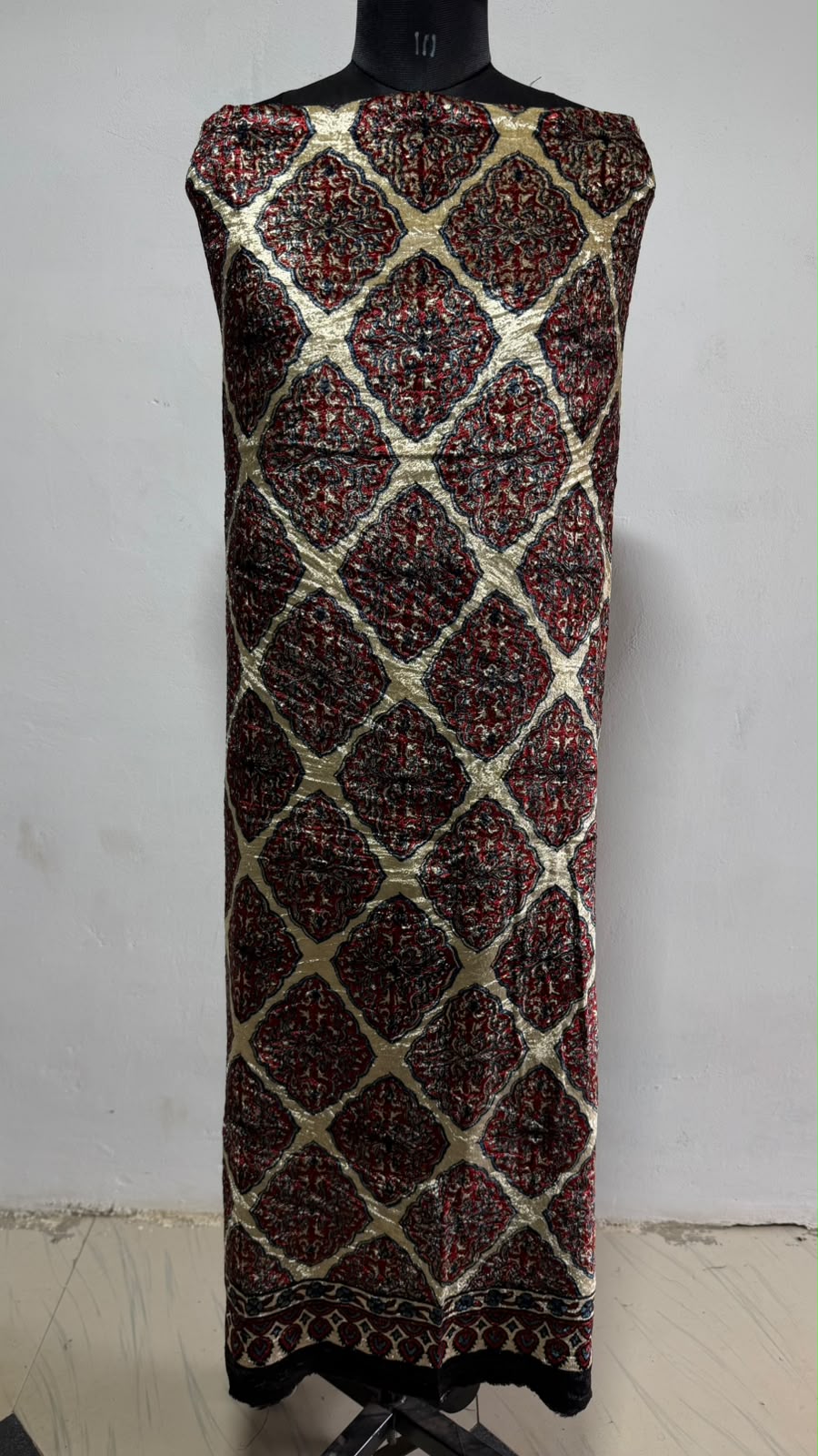 Red Beige Diamond Polka Dot Ajrakh Hand Block Velvet Unstitched Fabric (Kurta Only)