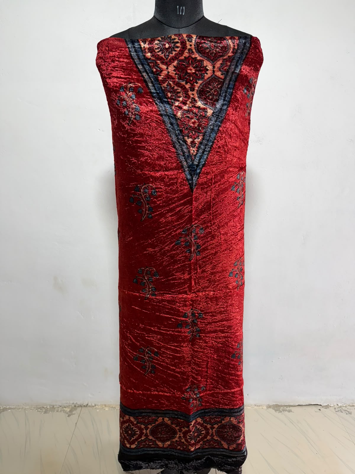 Red Flower Motif Yoke Ajrakh Hand Block Velvet Unstitched Fabric (Kurta Only)
