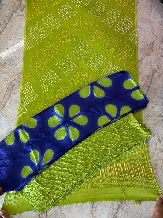 Dark Blue and Green Modal Silk 3 pc with Bandhej Dupatta/ Lower And Clamp Dye Kurta