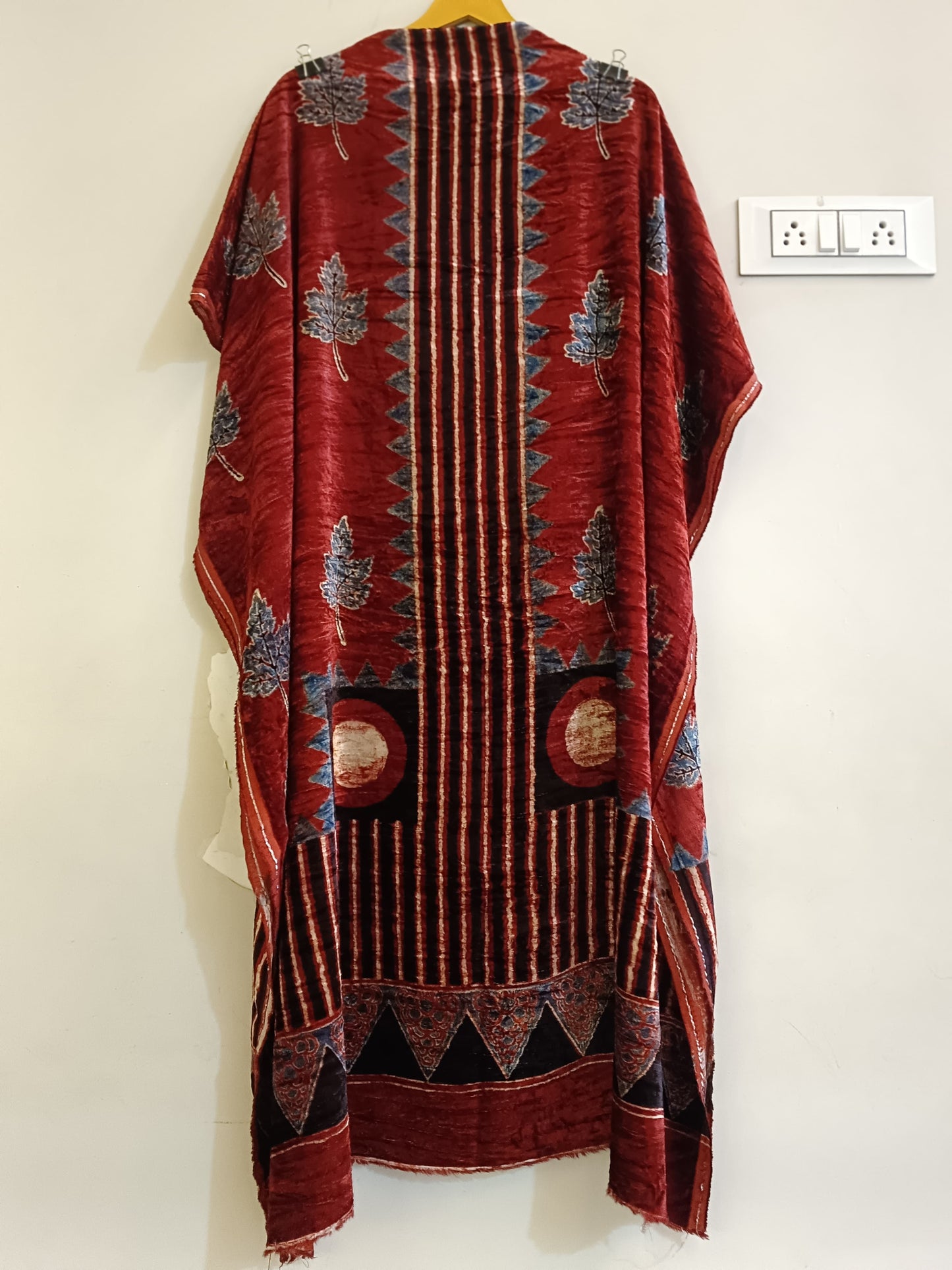 Black and Red Badaam Buta Velvet Fabric Ajrakh Hand Block Print Designer Unstitched Fabric (Kurta Only)