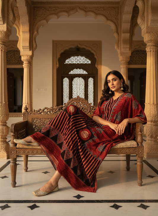 Black and Red Badaam Buta Velvet Fabric Ajrakh Hand Block Print Designer Unstitched Fabric (Kurta Only)