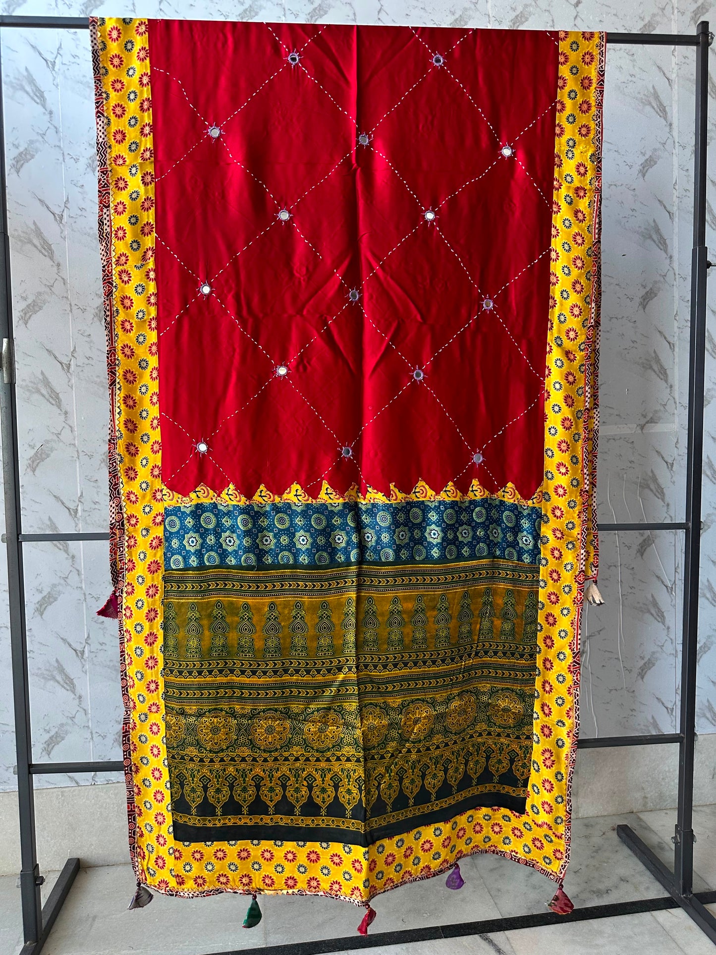 Deep Red with Yellow Ajrakh Border Modal Silk Dupatta