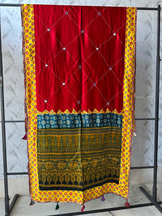 Deep Red with Yellow Ajrakh Border Modal Silk Dupatta