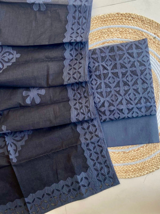Charcoal Black Barmer Applique Cut Work Cotton 3pc Suit Material Set