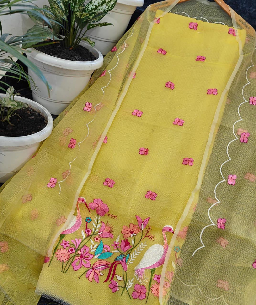 Lemon Kota Doria 3 Piece Suit Set with Saaras Bird Motif and Kota Doria Dupatta