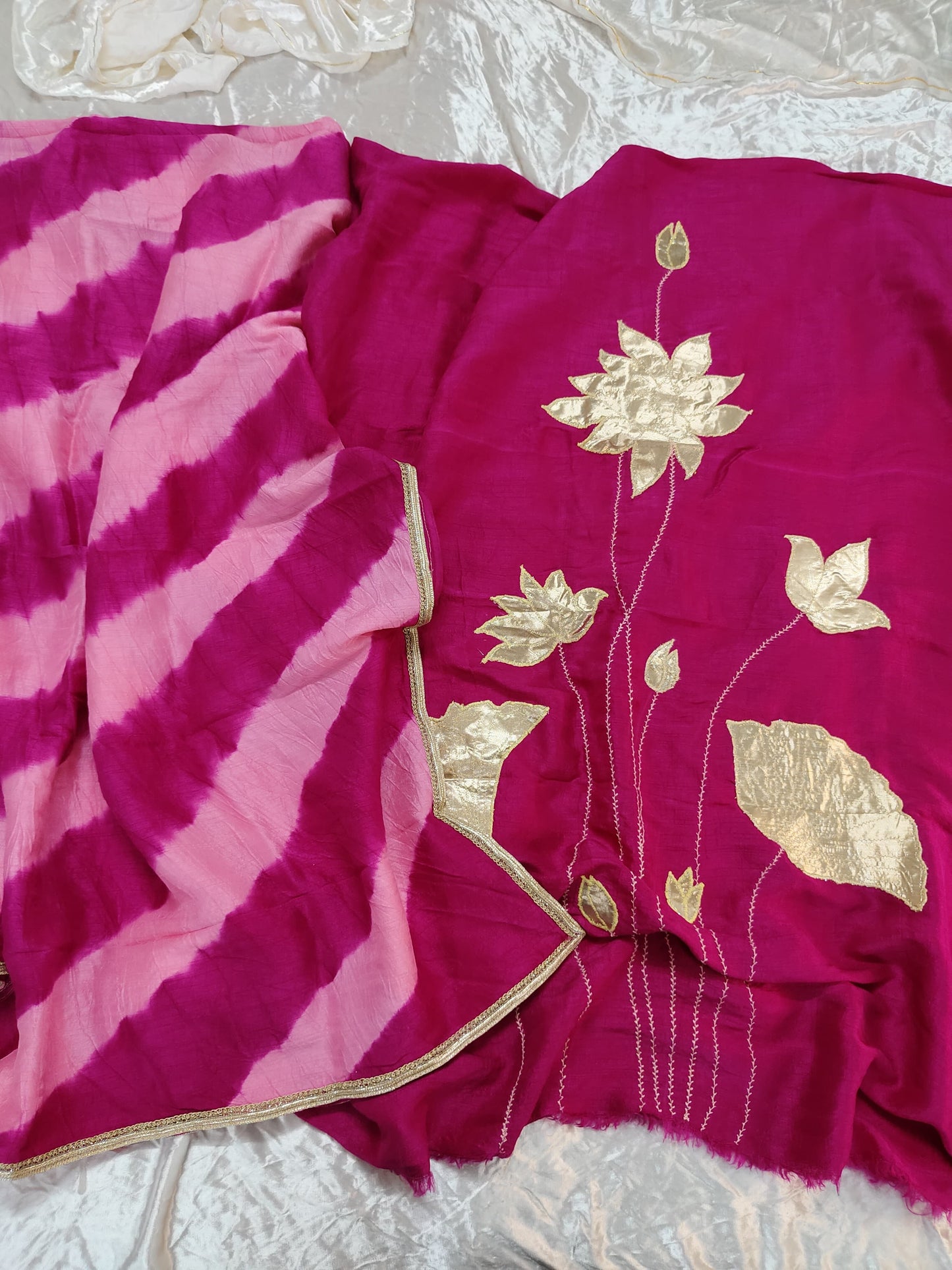 Rani Pink Flower Motif Gota Patti 2 Piece Suit Material with Modal Silk Dupatta