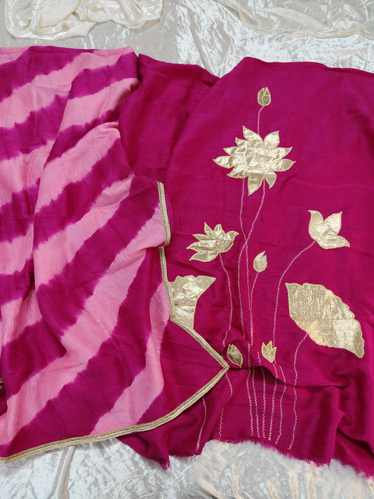 Rani Pink Flower Motif Gota Patti 2 Piece Suit Material with Modal Silk Dupatta