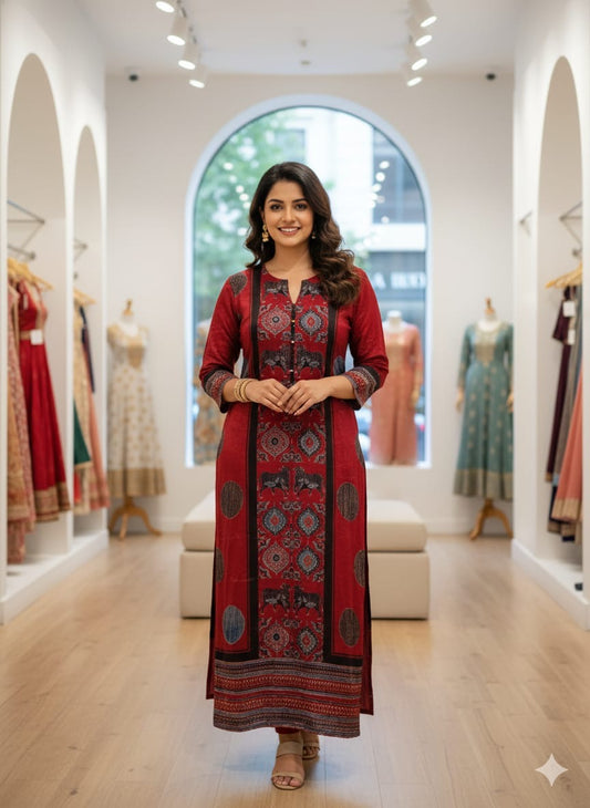 Black Kamdhenu Buta Velvet Fabric Ajrakh Hand Block Print Designer Unstitched Fabric (Kurta Only)