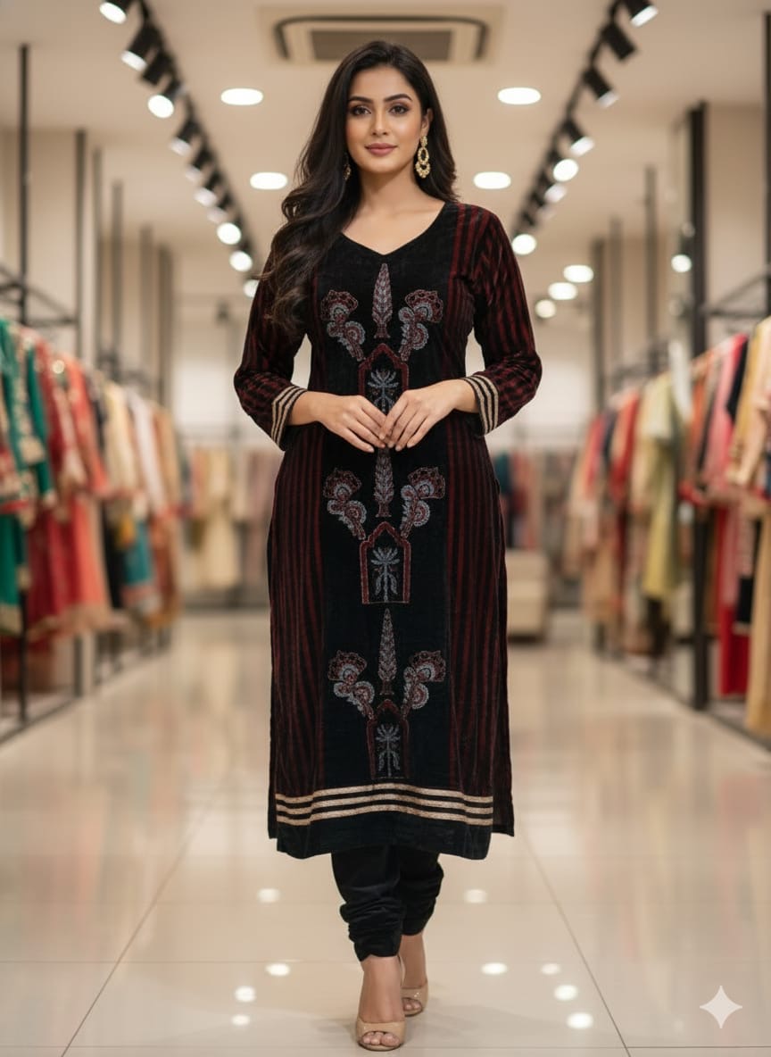 Black and Red Jharokha Buta Velvet Fabric Ajrakh Hand Block Print Designer Unstitched Fabric (Kurta Only)
