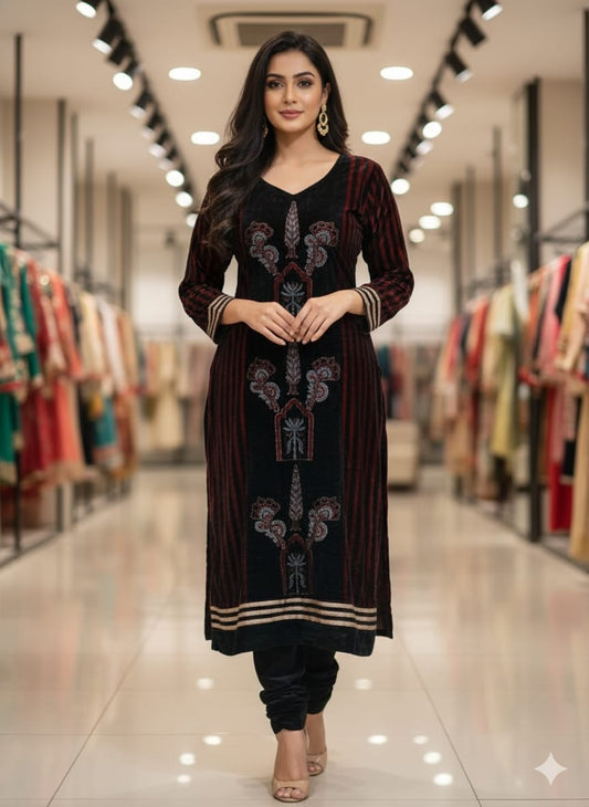Black and Red Jharokha Buta Velvet Fabric Ajrakh Hand Block Print Designer Unstitched Fabric (Kurta Only)