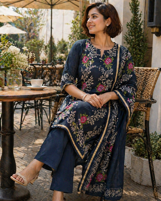 Royal Blue Kota-Doria 3 Piece Suit Set with Cross Stitch Embroidery and Kota Doria Dupatta