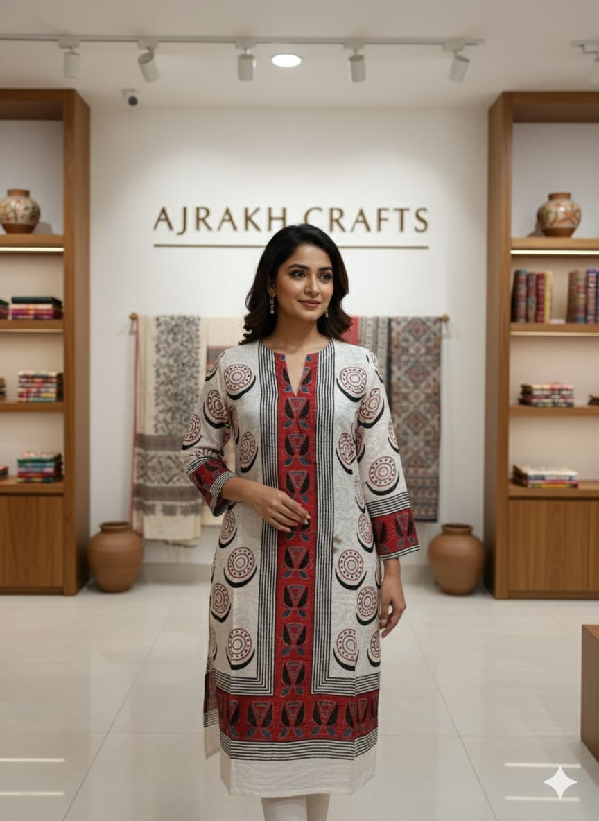 Black and Red Badaam Buta Velvet Fabric Ajrakh Hand Block Print Designer Unstitched Fabric (Kurta Only)