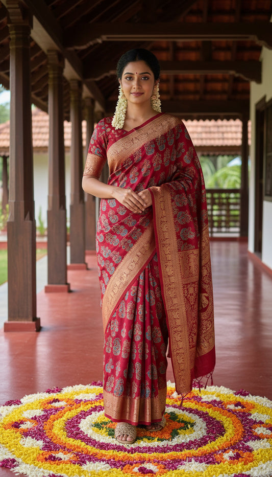 Red Asopallav Buta Motif Ajrakh Hand Block Dola Silk Saree with Zari Pallu (With Blouse)