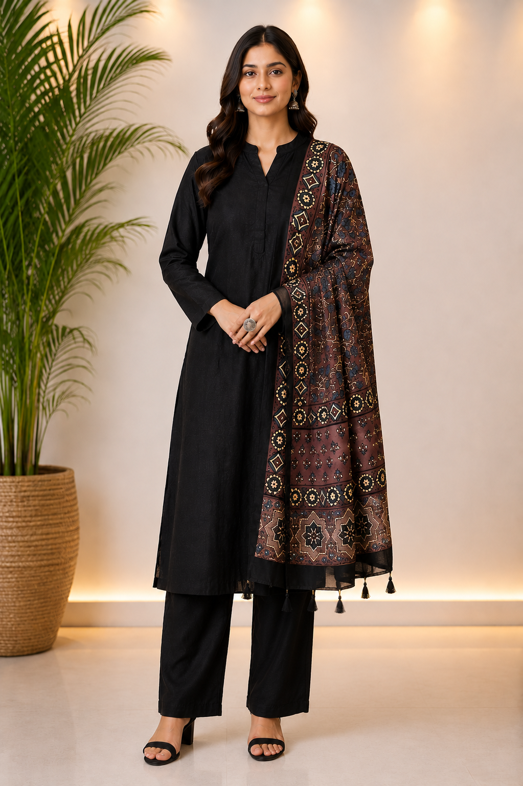 Raisin Shade Blue Leaf Motif Ajrakh Hand Block Print Mashru Silk Stole with Tassels