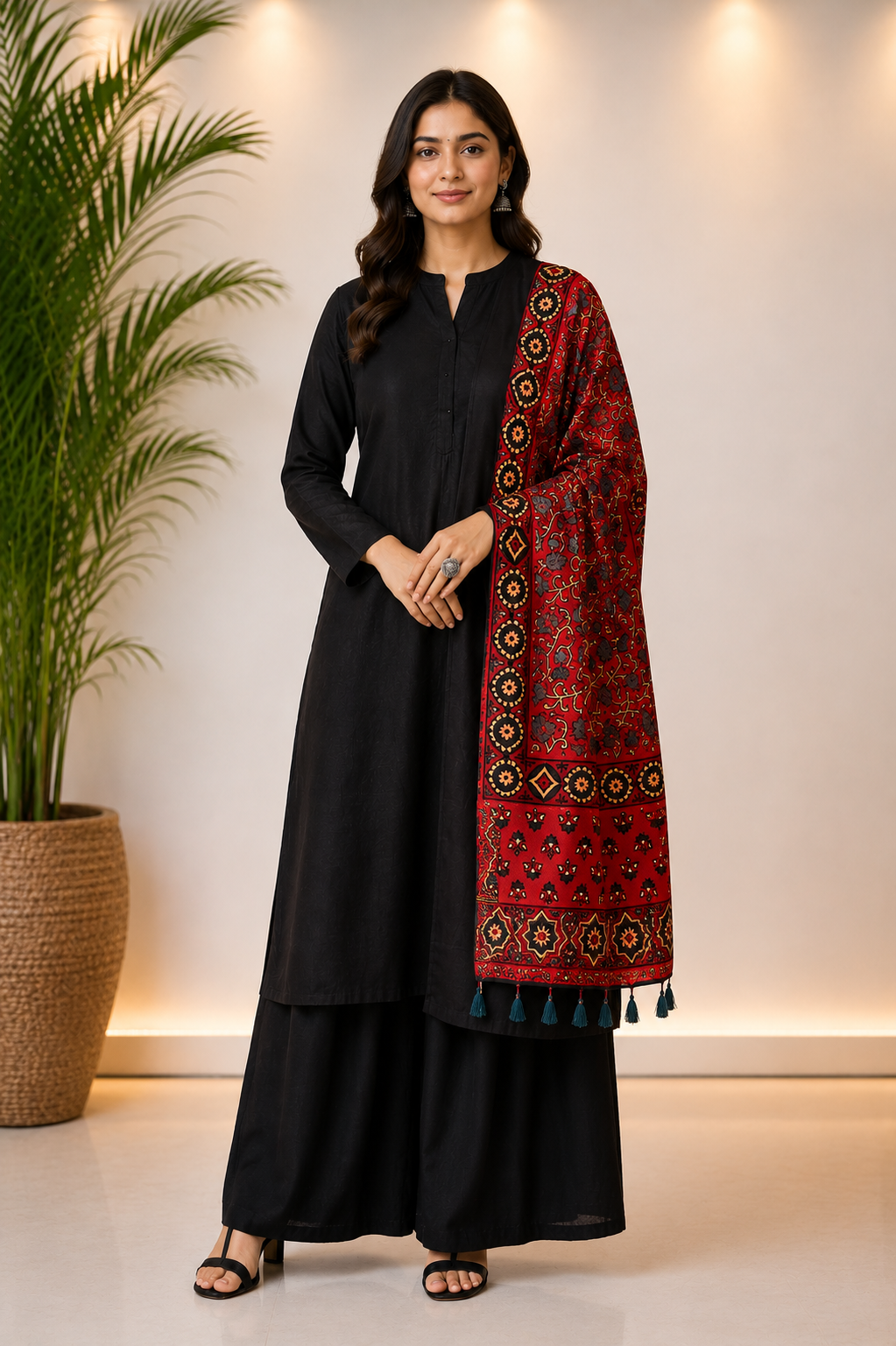Red Shade Blue Leaf Motif Ajrakh Hand Block Print Mashru Silk Stole with Tassels