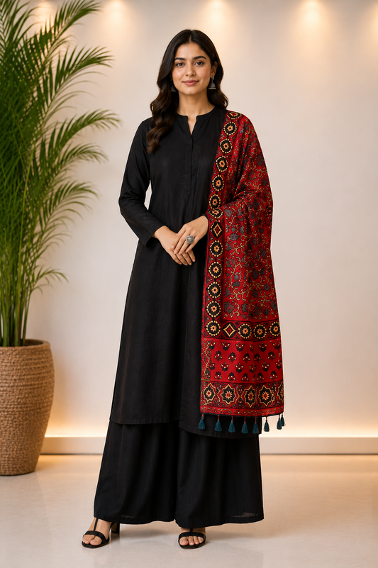 Red Shade Blue Leaf Motif Ajrakh Hand Block Print Mashru Silk Stole with Tassels