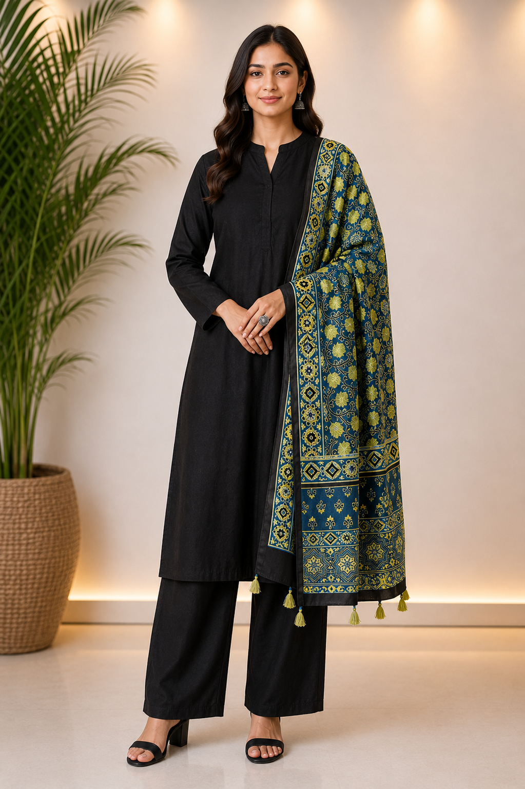 Blue Shade Yellow Leaf Motif Ajrakh Hand Block Print Mashru Silk Stole with Tassels