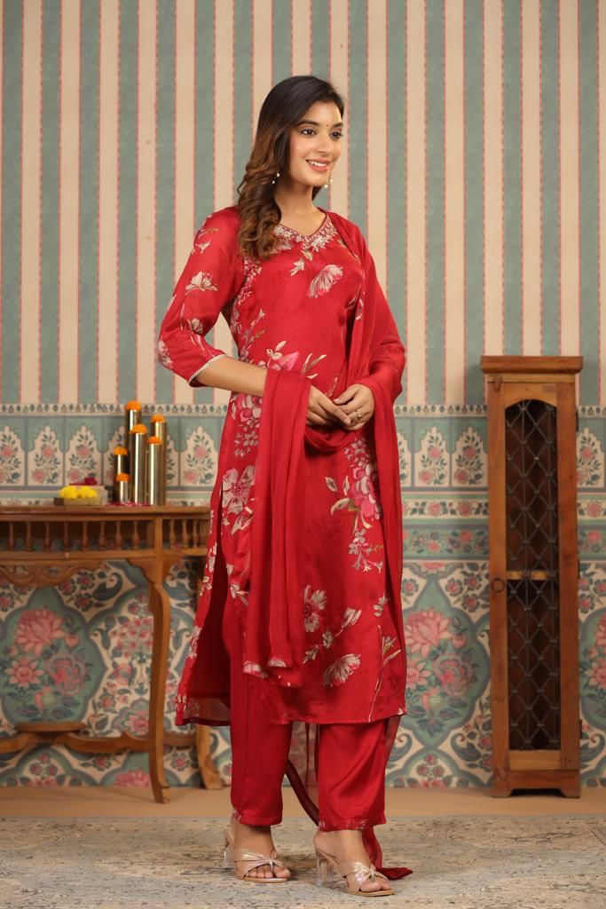 Chery Red Floral Print Pure Chinnon Suit Set with Inner Lining