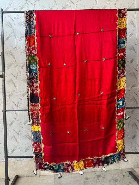 Maroon Multocoloured Ajrakh Applique Patchwork Modal Silk Dupatta with Mirror Work and Tassels
