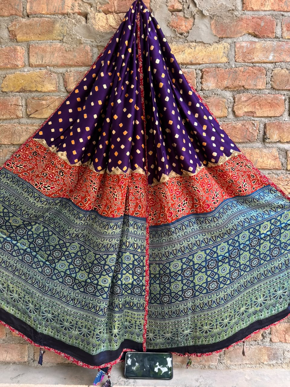 Purple Bandhej Print Ajrakh Applique Patchwork Modal Silk Dupatta with Tassels