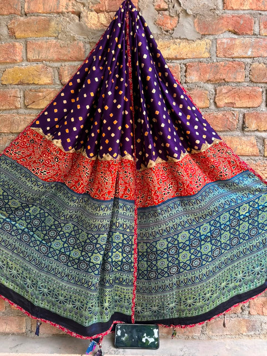 Purple Bandhej Print Ajrakh Applique Patchwork Modal Silk Dupatta with Tassels