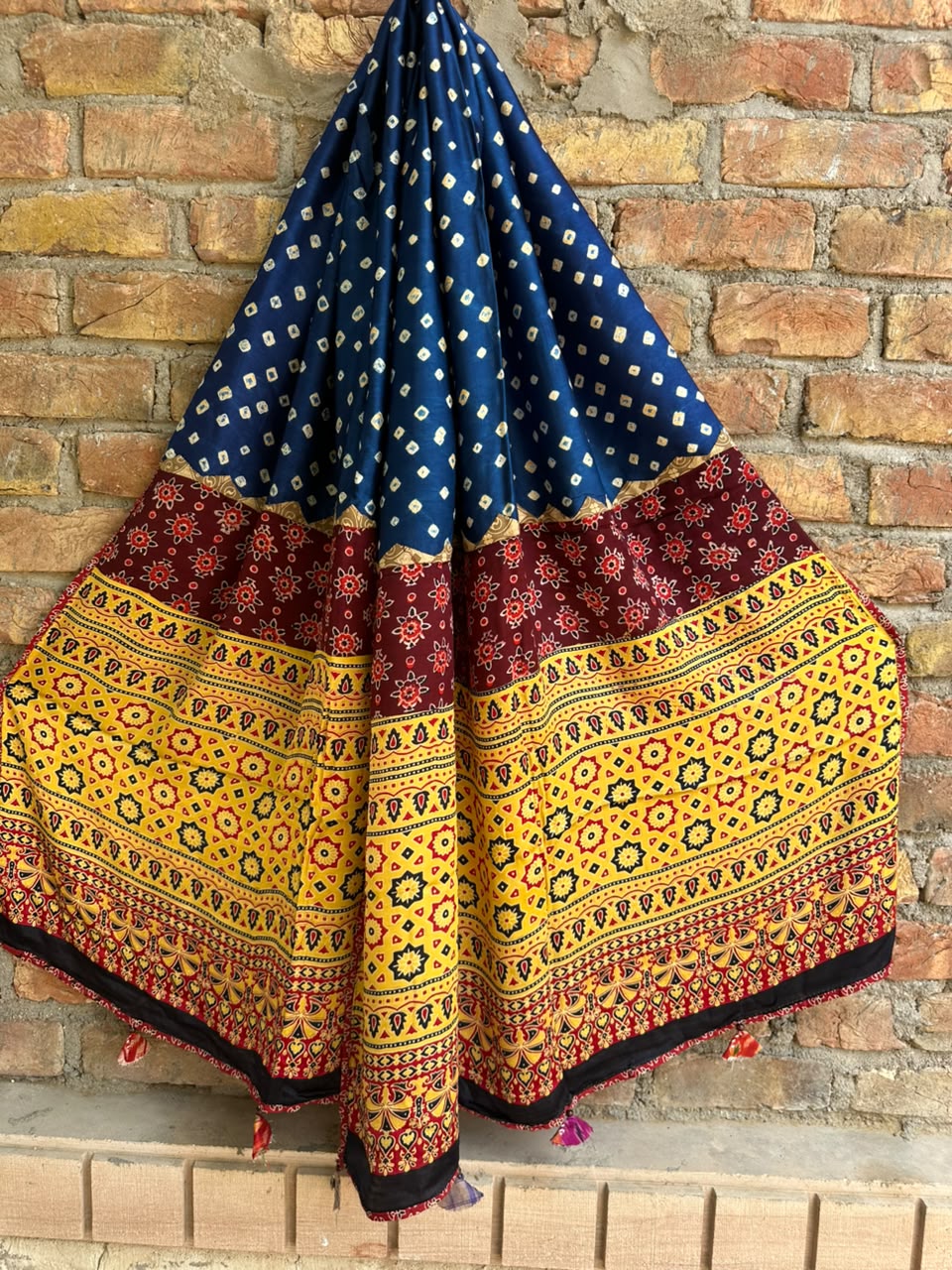 Dark Blue Bandhej Print Ajrakh Applique Patchwork Modal Silk Dupatta with Tassels