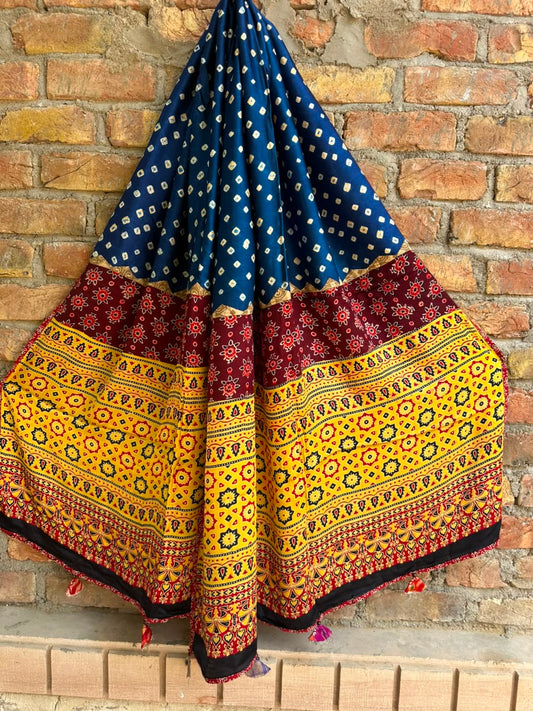 Dark Blue Bandhej Print Ajrakh Applique Patchwork Modal Silk Dupatta with Tassels