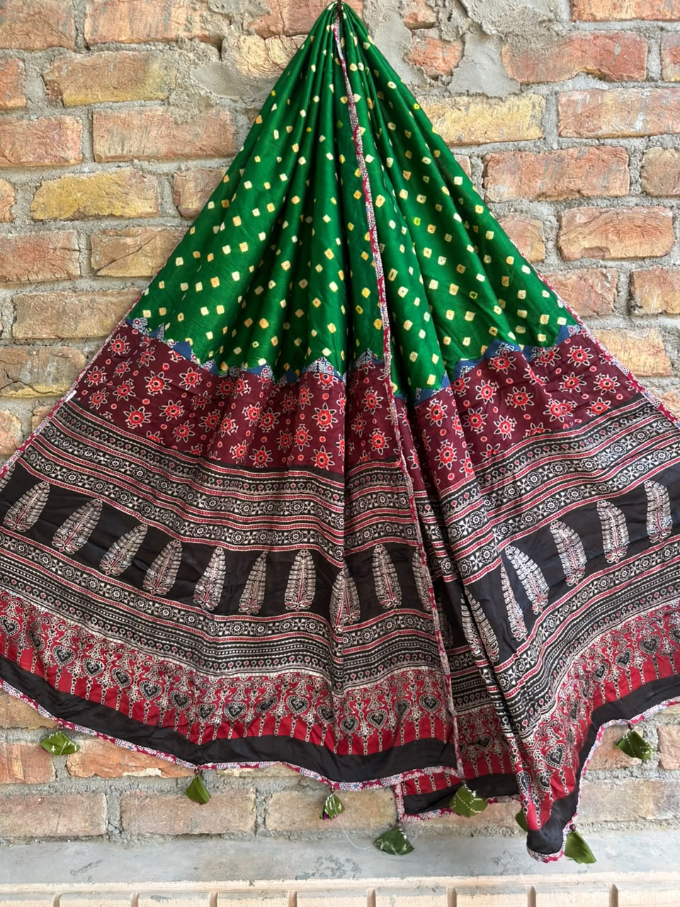 Green Bandhej Print Ajrakh Applique Patchwork Modal Silk Dupatta with Tassels