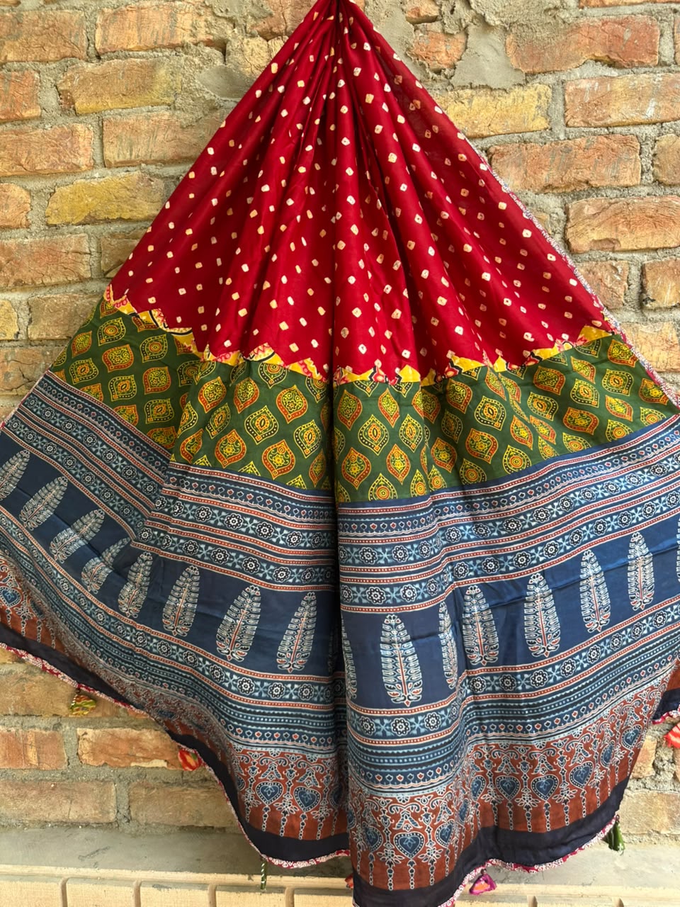 Red Bandhej Print Ajrakh Applique Patchwork Modal Silk Dupatta with Tassels