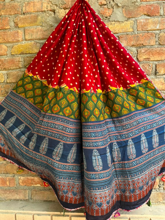 Red Bandhej Print Ajrakh Applique Patchwork Modal Silk Dupatta with Tassels