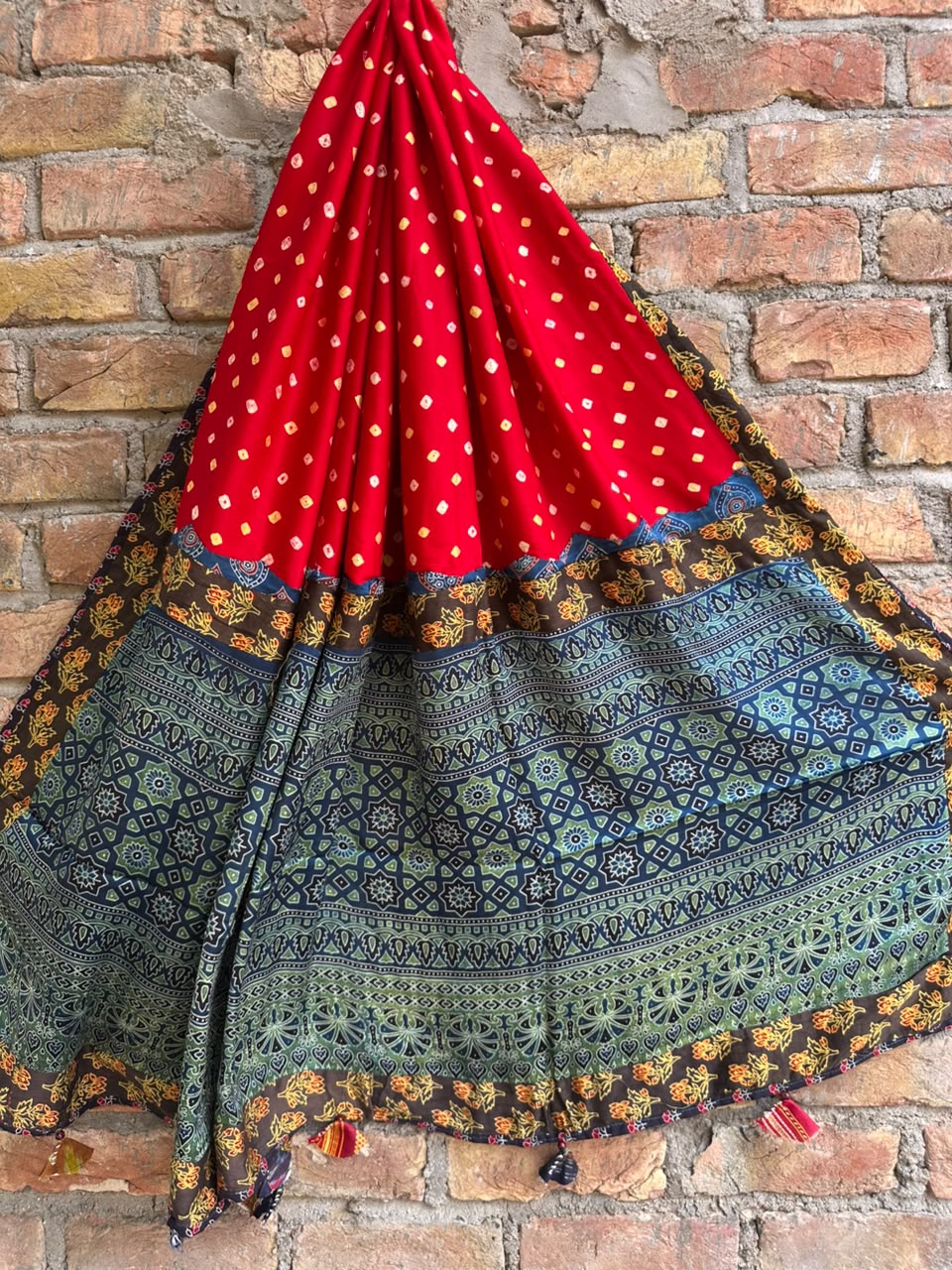 Red Bandhej Print Ajrakh Applique Patchwork Modal Silk Dupatta with Tassels