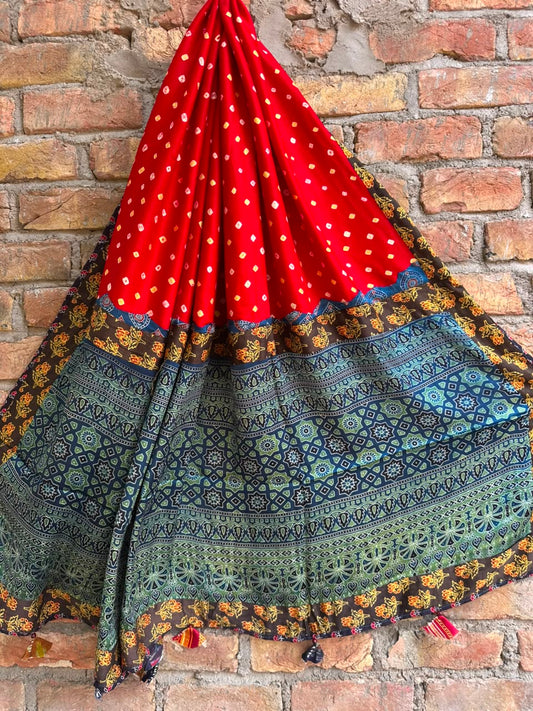 Red Bandhej Print Ajrakh Applique Patchwork Modal Silk Dupatta with Tassels