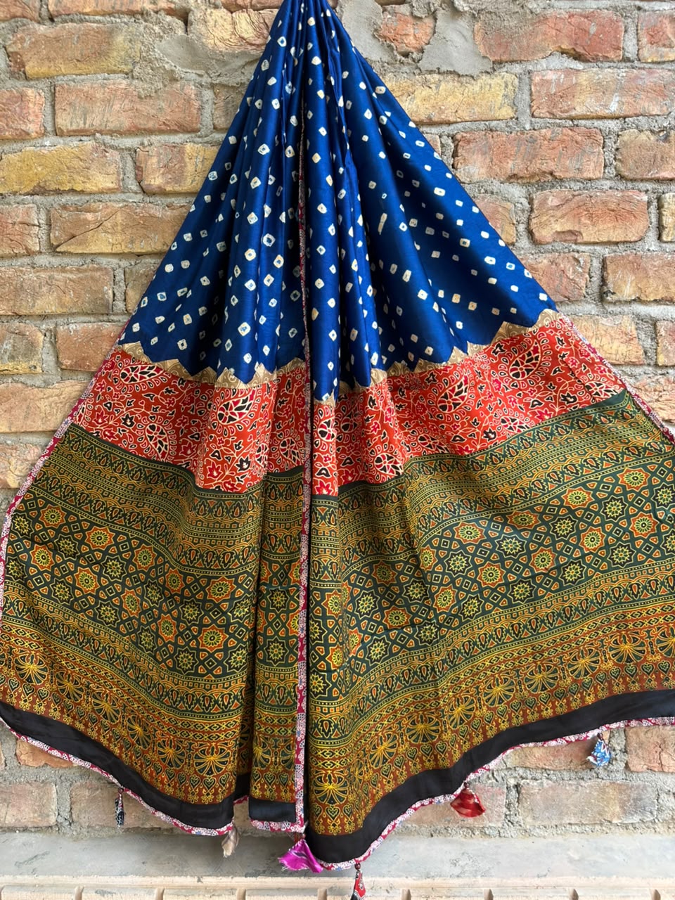Blue Bandhej Print Ajrakh Applique Patchwork Modal Silk Dupatta with Tassels