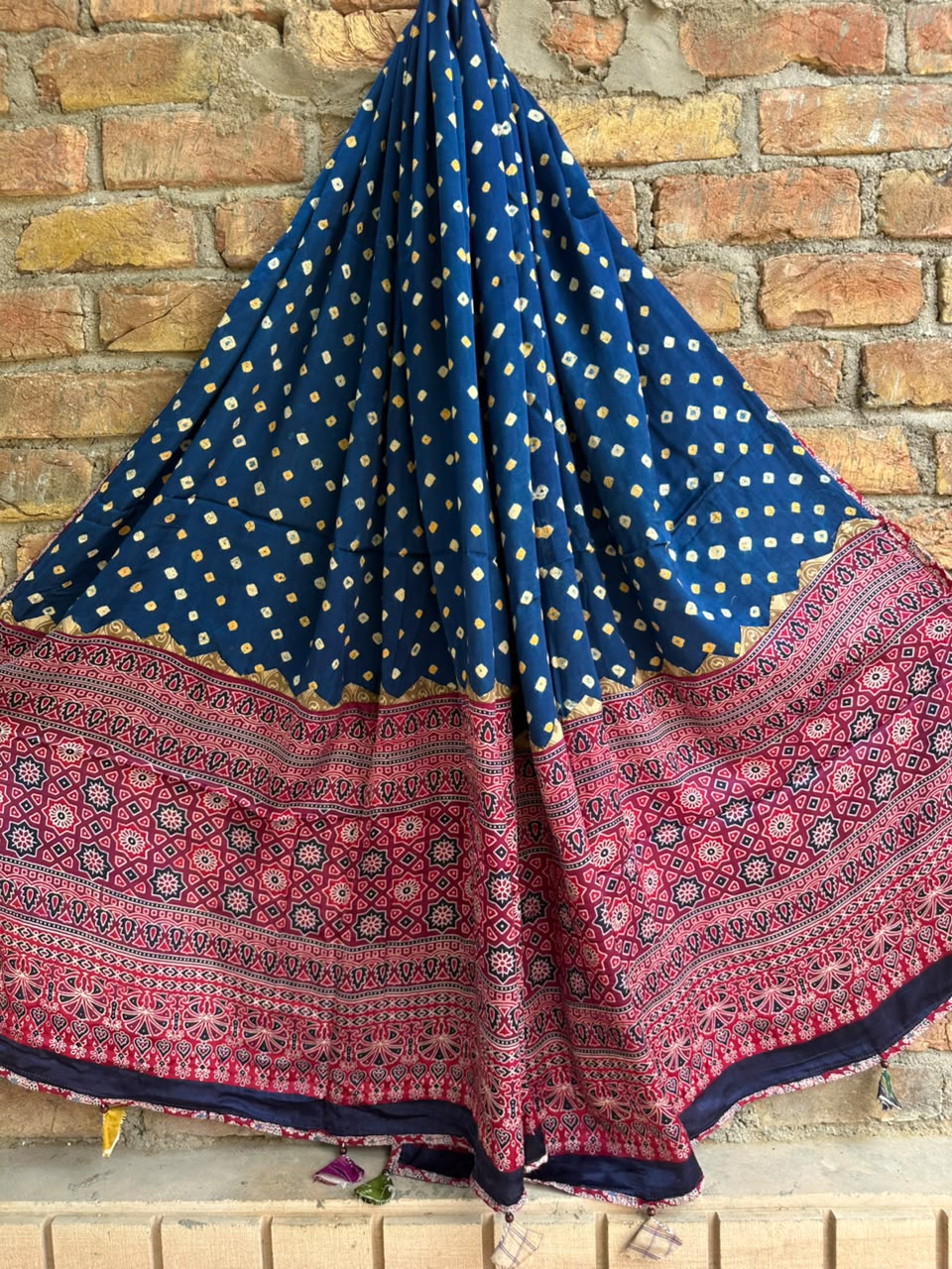 Blue Bandhej Print Ajrakh Applique Patchwork Modal Silk Dupatta with Tassels