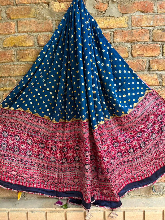 Blue Bandhej Print Ajrakh Applique Patchwork Modal Silk Dupatta with Tassels