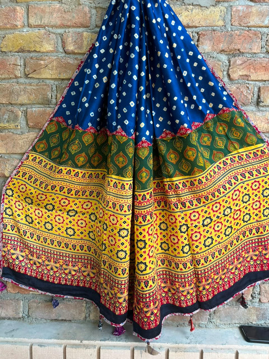 Blue Bandhej Print Ajrakh Applique Patchwork Modal Silk Dupatta with Tassels