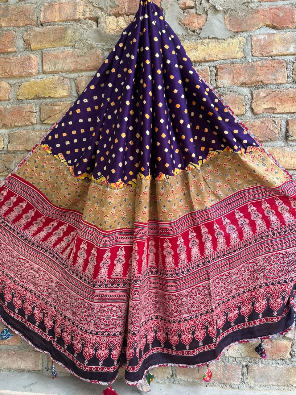 Purple Bandhej Print Ajrakh Applique Patchwork Modal Silk Dupatta with Tassels