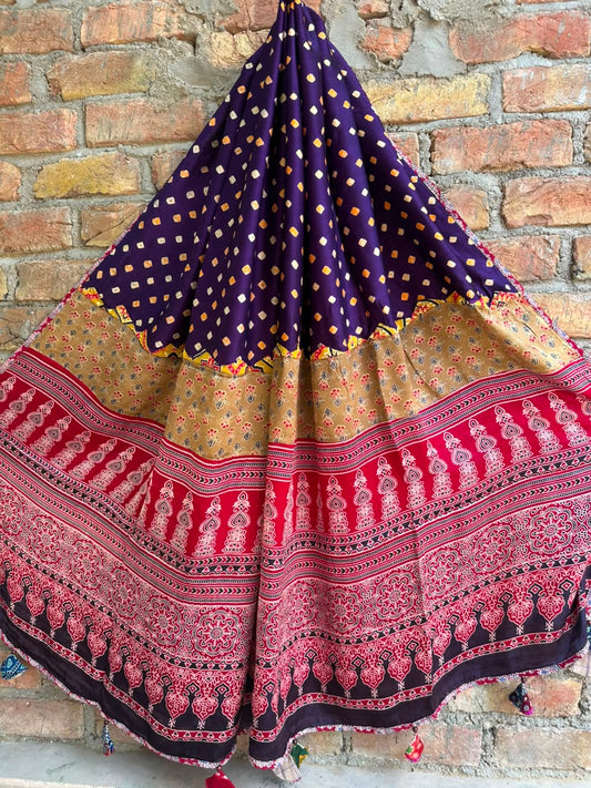 Purple Bandhej Print Ajrakh Applique Patchwork Modal Silk Dupatta with Tassels