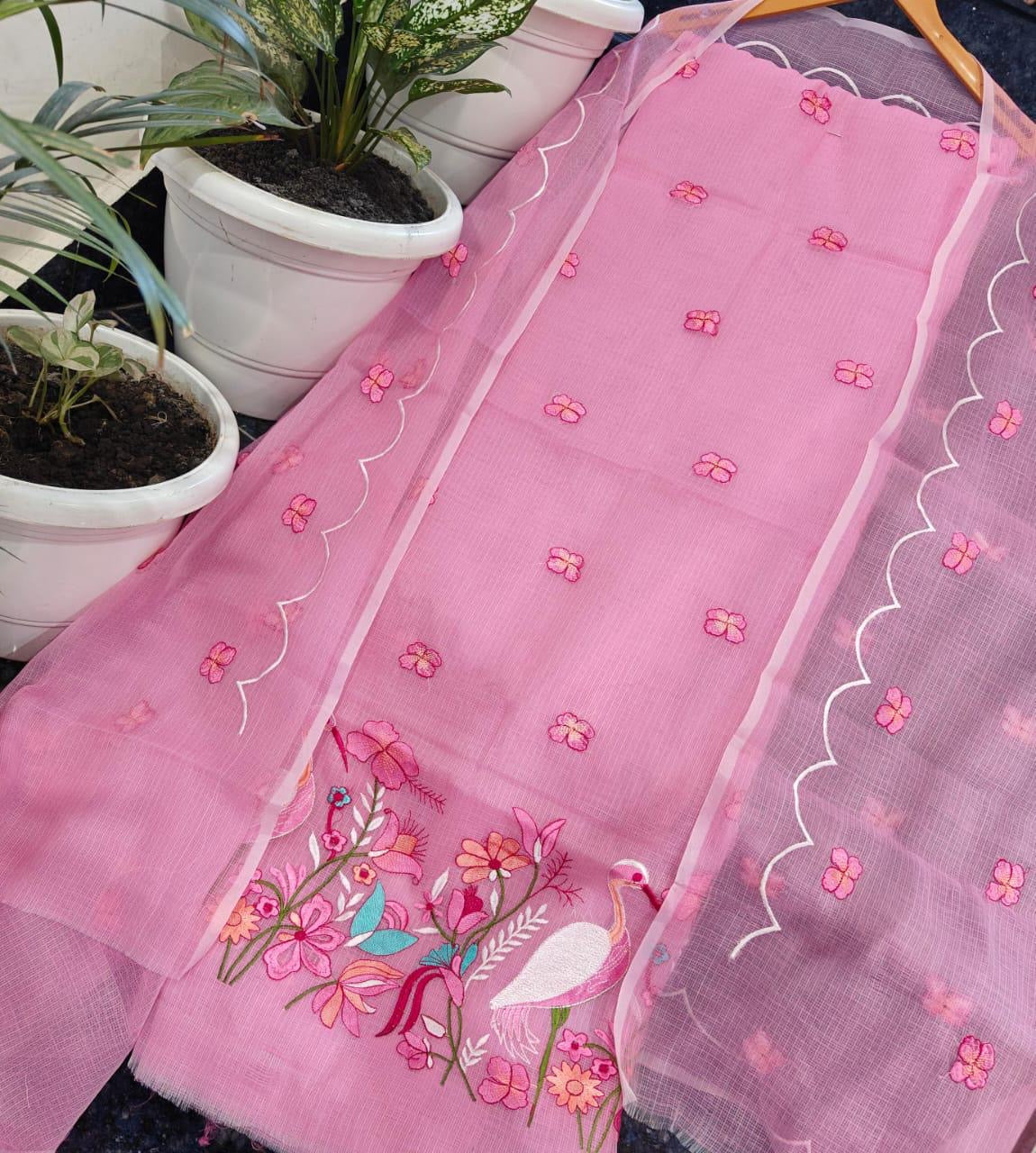 Pink Kota Doria 3 Piece Suit Set with Saaras Bird Motif and Kota Doria Dupatta