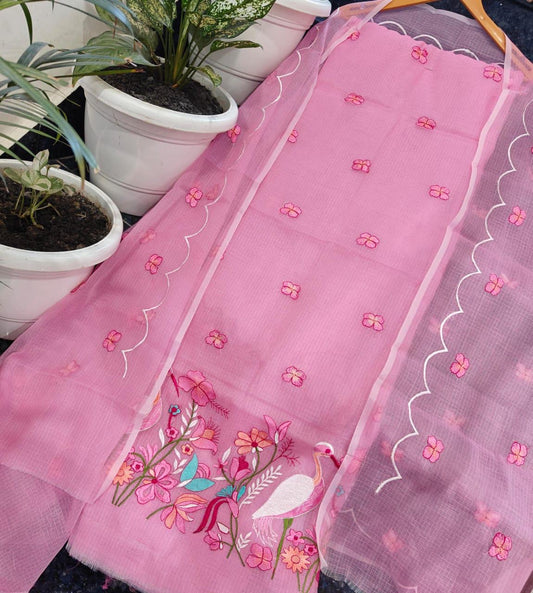 Pink Kota Doria 3 Piece Suit Set with Saaras Bird Motif and Kota Doria Dupatta