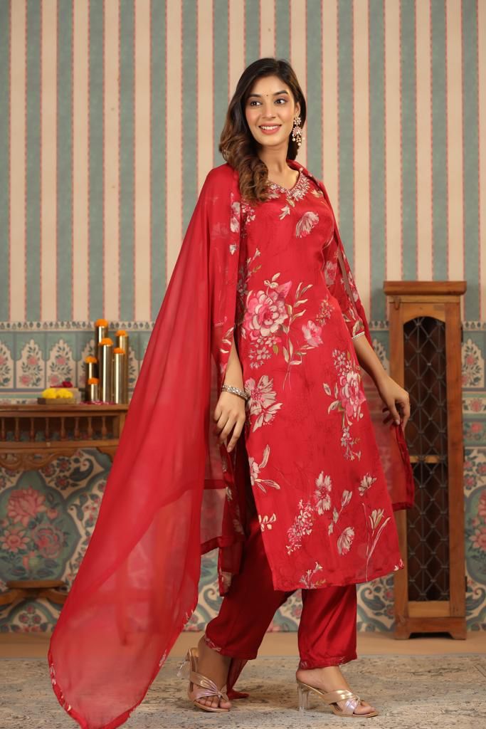 Chery Red Floral Print Pure Chinnon Suit Set with Inner Lining