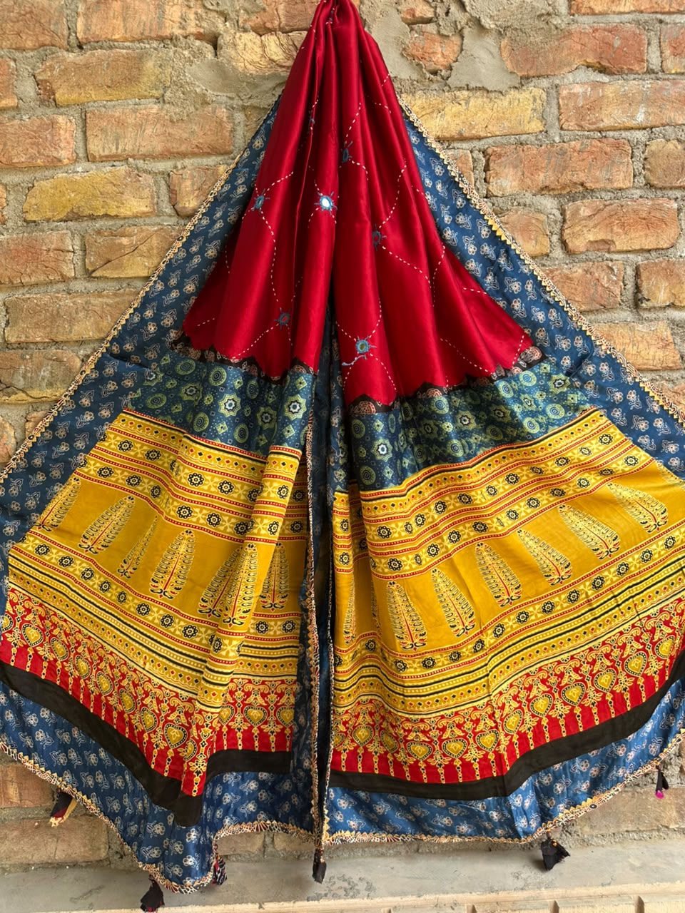 Red Shade Ajrakh Patchwork Modal Silk Dupatta with Mirror Work