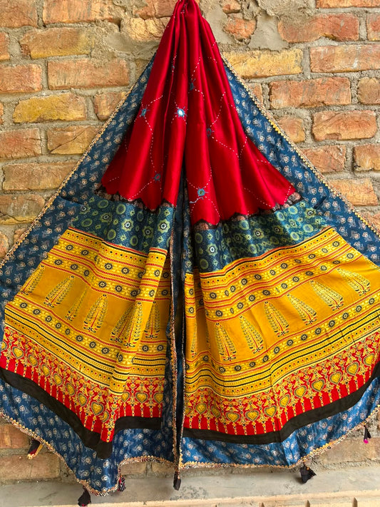 Red Shade Ajrakh Patchwork Modal Silk Dupatta with Mirror Work