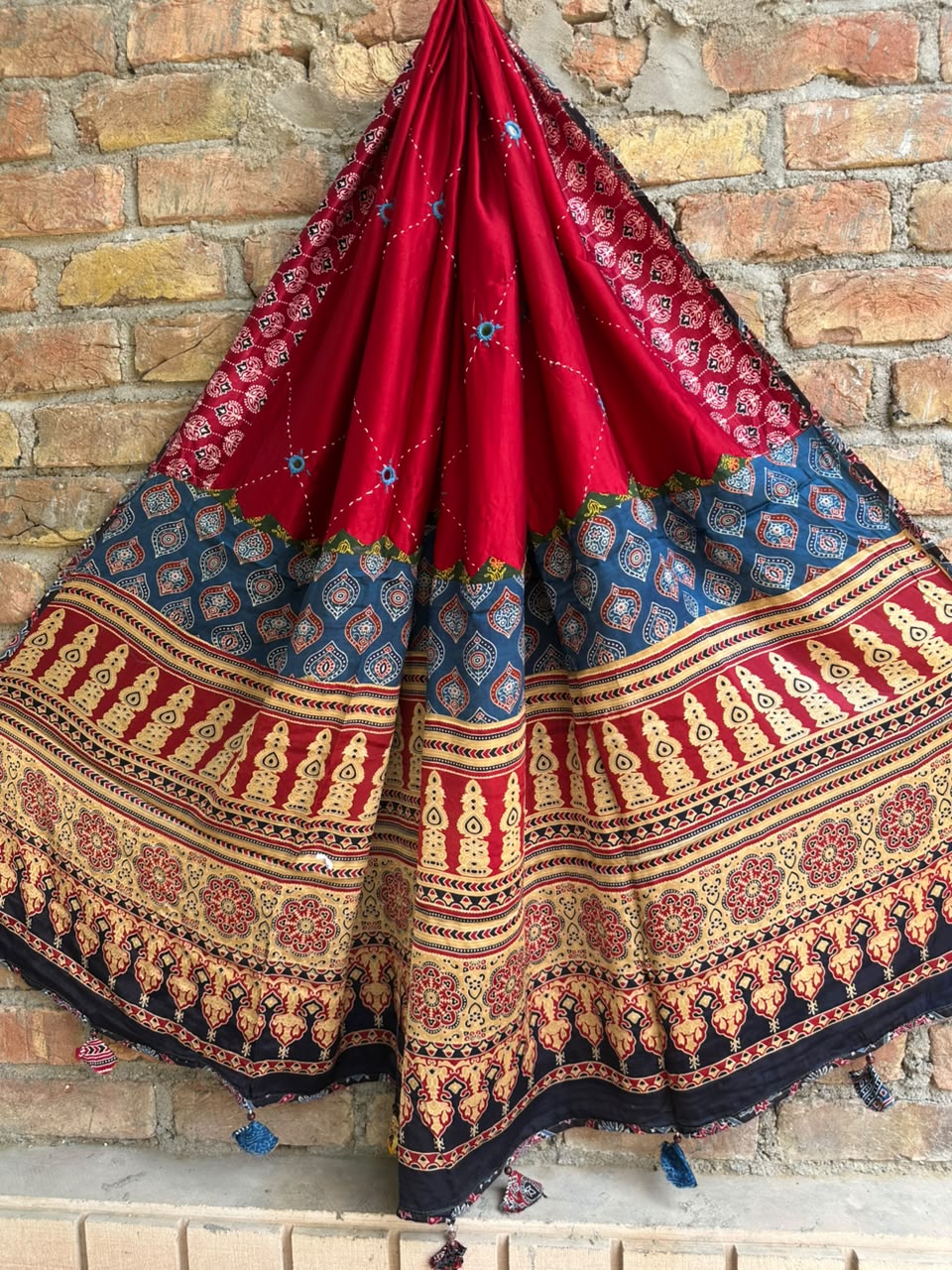 Red Shade Ajrakh Patchwork Modal Silk Dupatta with Mirror Work