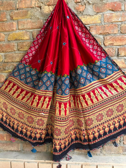 Red Shade Ajrakh Patchwork Modal Silk Dupatta with Mirror Work