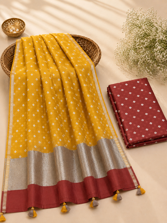 Red Shade Mul Chanderi Bandhej Kurta Dupatta with Matching Bottom