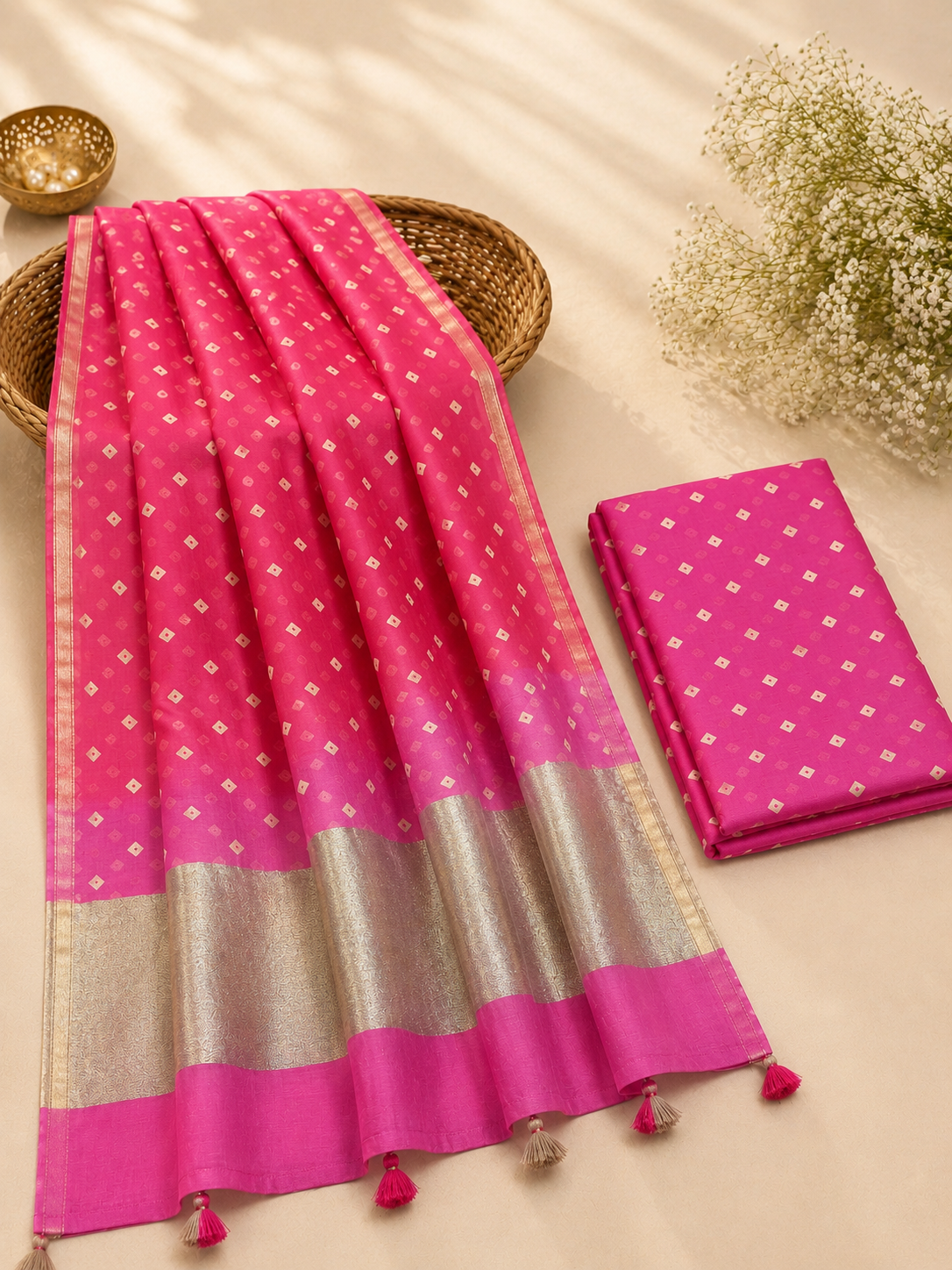 Pink Shade Mul Chanderi Bandhej Kurta Dupatta with Matching Bottom