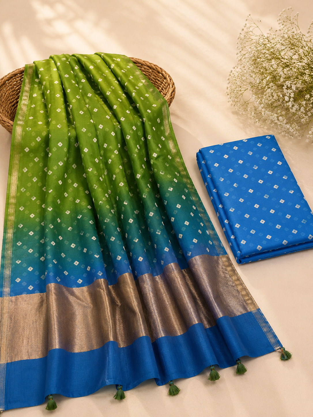 Blue Shade Mul Chanderi Bandhej Kurta Dupatta with Matching Bottom